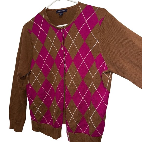 Lands End Womens Argyle Cardigan Sweater L/P 14-16 Button-Up Brown - Picture 4 of 4